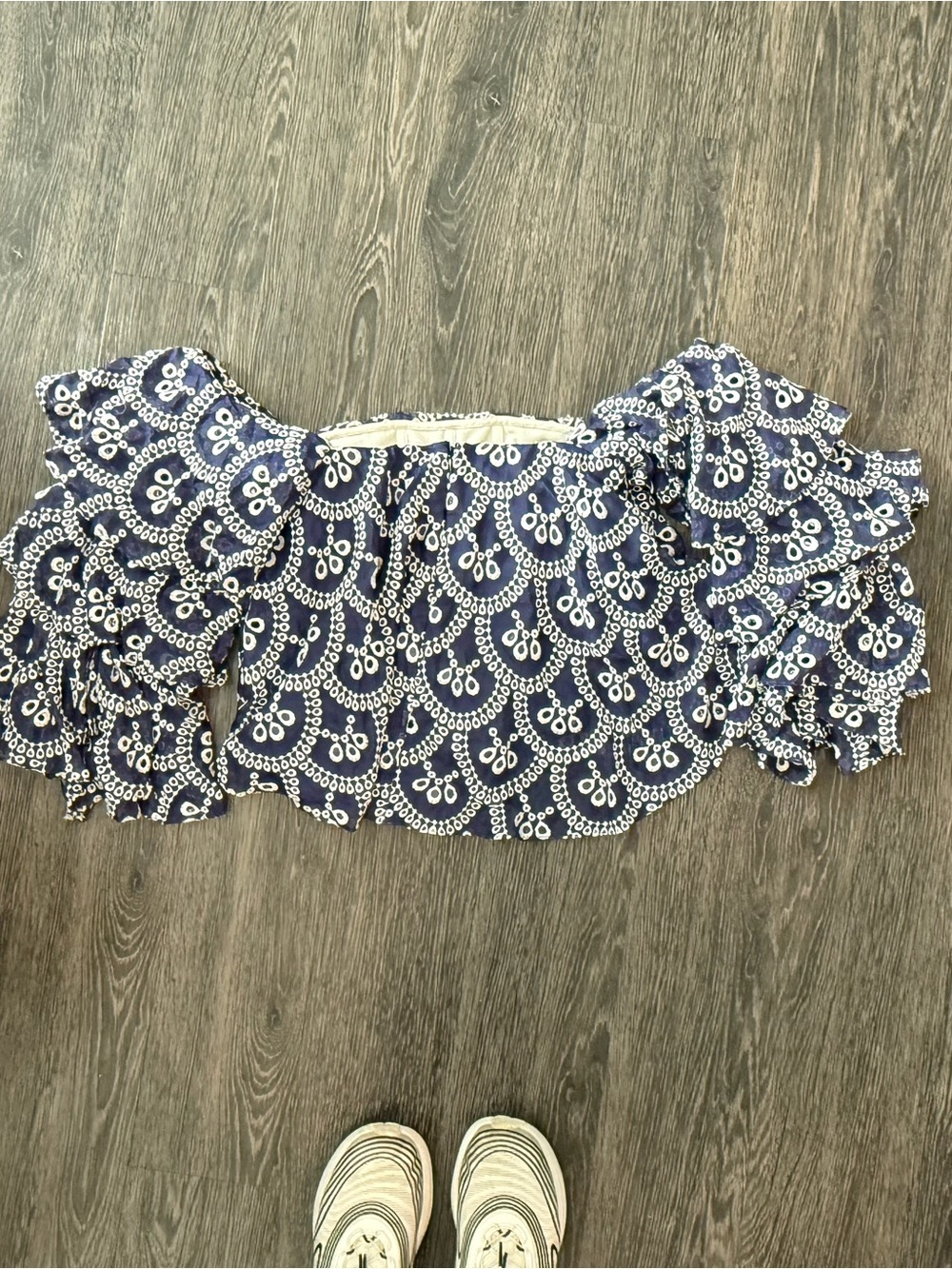 Caroline Constas Navy and White Off-Shoulder Eyelet Top XS